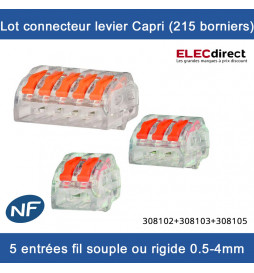Capri - Lot connecteurs à levier 2, 3 et 5 entrées - fil rigide ou souple 0,5-4 mm (215 borniers) - Réf : 308102+308103+308105