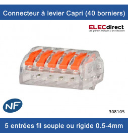Capri - Connecteurs à levier 5 entrées pour fil rigide ou souple 0,5 à 4 mm (boite de 40 borniers) - Réf : 308105