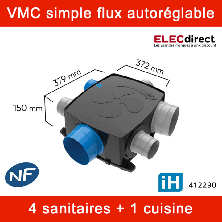 Atlantic - Kit VMC Autocosy iH Flex - Simple flux intelligente 4 sanitaires + 3 bouches Line plates - 330m³/h - Réf : 412290