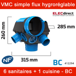 Atlantic - Kit VMC Hygrocosy BC - Simple flux hygroréglable 6 sanitaires + 3 bouches à piles - 292m³/h - 412294