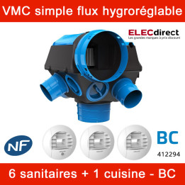 Atlantic - Kit VMC Hygrocosy BC - Simple flux hygroréglable 6 sanitaires + 3 bouches à piles - 292m³/h - 412294