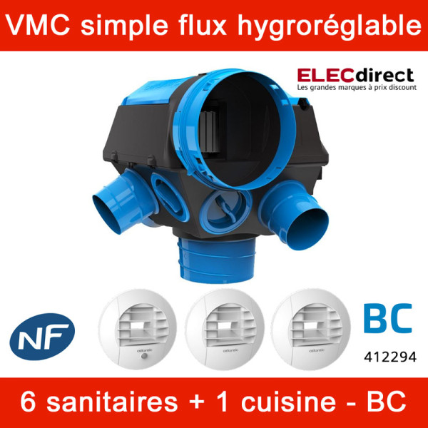 Atlantic - Kit VMC Hygrocosy BC - Simple flux hygroréglable 6 sanitaires + 3 bouches à piles - 292m³/h - 412294
