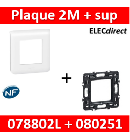 Legrand Mosaic - Plaque 2 modules - 1 poste + support 1 poste 078802L+080251