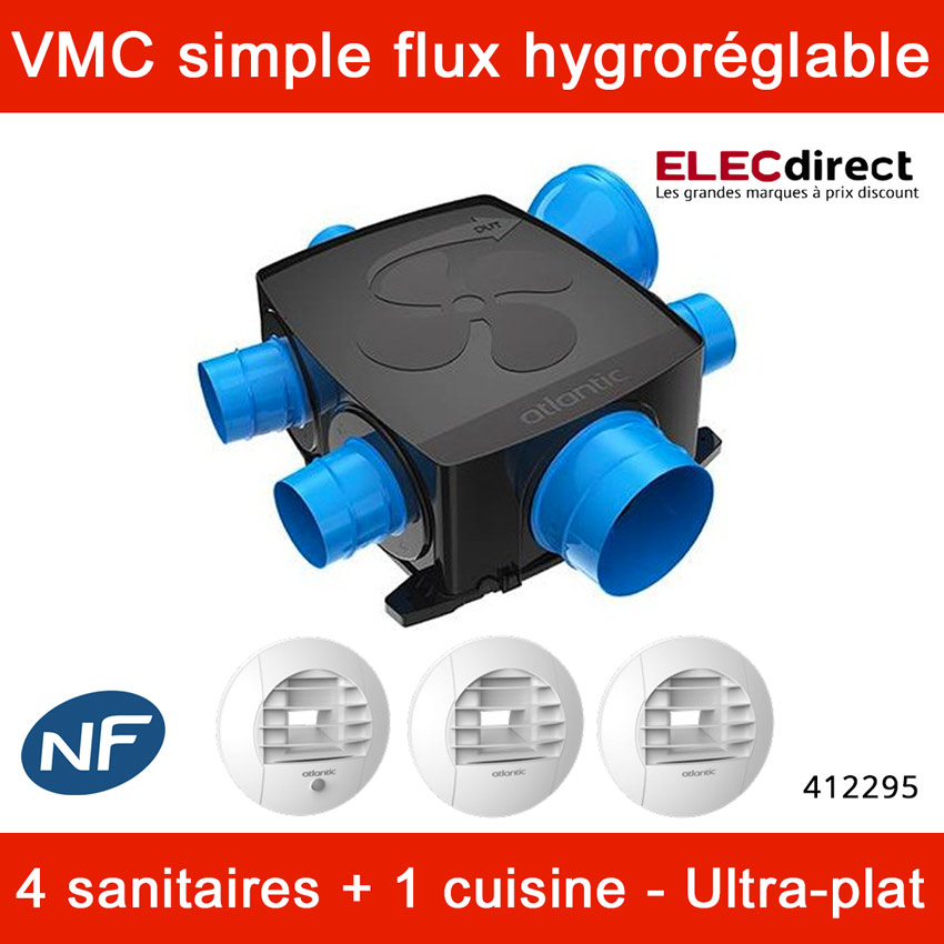 Atlantic - Kit VMC Autocosy iH Flex - Simple flux intelligente 4 sanitaires  + 3 bouches Line plates - 330m³/h - Réf : 412290 - ELECdirect Vente  Matériel Électrique