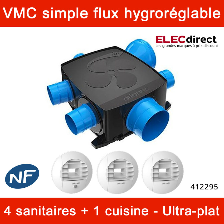 Atlantic - Kit VMC Hygrocosy Flex - Simple flux hygroréglable 4 sanitaires + 3 bouches (2 à piles) - 247m³/h - Réf : 412295