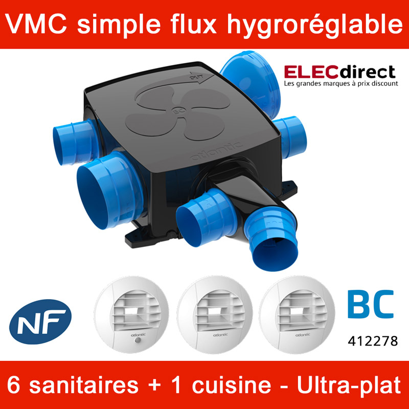 Atlantic - Kit VMC Hygrocosy Flex - Simple flux hygroréglable 4 sanitaires  + 3 bouches (2 à piles) - 247m³/h - Réf : 412295 - ELECdirect Vente  Matériel Électrique