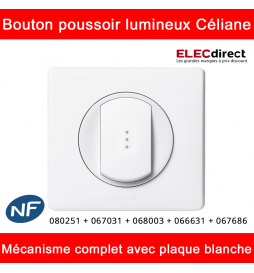 Legrand Céliane - Bouton poussoir à voyant lumineux complet blanc 1 poste - Réf : 080251 + 067031 + 068003 + 066631 + 067686