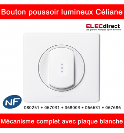 Legrand Céliane - Bouton poussoir à voyant lumineux complet blanc 1 poste - Réf : 080251 + 067031 + 068003 + 066631 + 067686