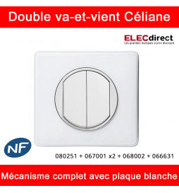 Legrand Céliane - Interrupteur double va-et-vient complet blanc 1 poste - Réf : 080251 + 067001 x2 + 068002 + 066631