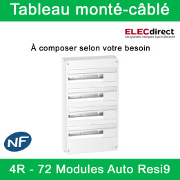Schneider - Tableau monté-câblé : 4 rangées - 72 modules (18 par rangée) - RESI9 XE embrochable - à composer