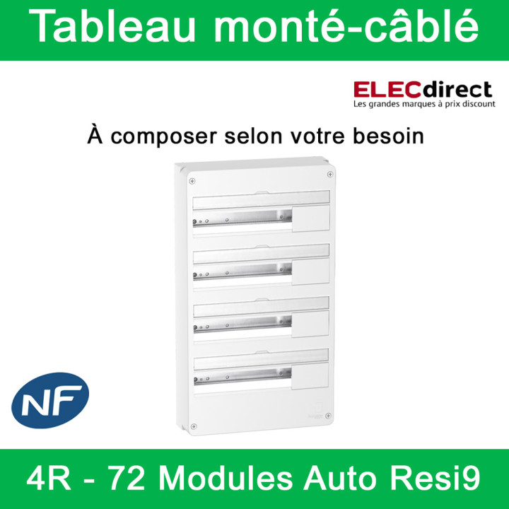 Schneider - Tableau monté-câblé : 4 rangées - 72 modules (18 par rangée) - RESI9 XE embrochable - à composer