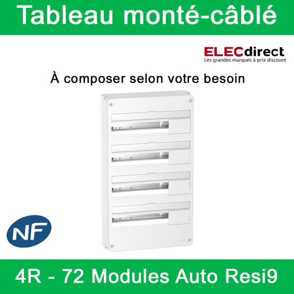 Schneider - Tableau monté-câblé : 4 rangées - 72 modules (18 par rangée) - RESI9 XE embrochable - à composer