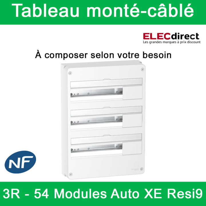 Schneider - Tableau monté-câblé : 3 rangées 54 modules (18 par rangée) - RESI9 XE embrochable - à composer