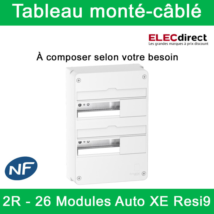 Schneider - Tableau monté-câblé : 2 rangées - 26 modules (13 par rangée) - RESI9 XE embrochable - à composer