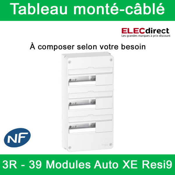 Schneider - Tableau monté-câblé : 3 rangées - 39 modules (13 par rangée) - RESI9 XE embrochable - à composer