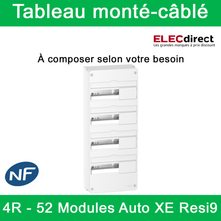 Schneider - Tableau monté-câblé : 4 rangées - 52 modules (13 par rangée) - RESI9 XE embrochable - à composer
