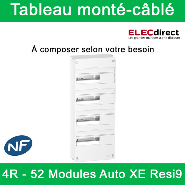 Schneider - Tableau monté-câblé : 4 rangées - 52 modules (13 par rangée) - RESI9 XE embrochable - à composer