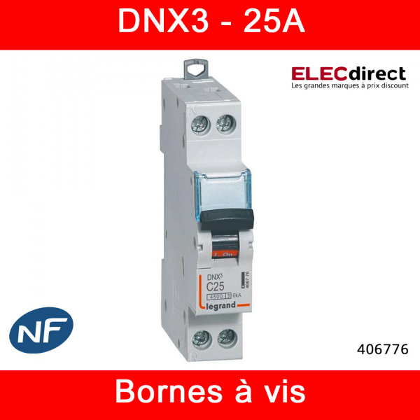 LEGRAND - DISJONCTEUR DNX3 PH/N - 25A - Courbe C - 1P+N - 4500 / 6kA - VIS/ VIS - 406776 - ELECdirect Vente Matériel Électrique