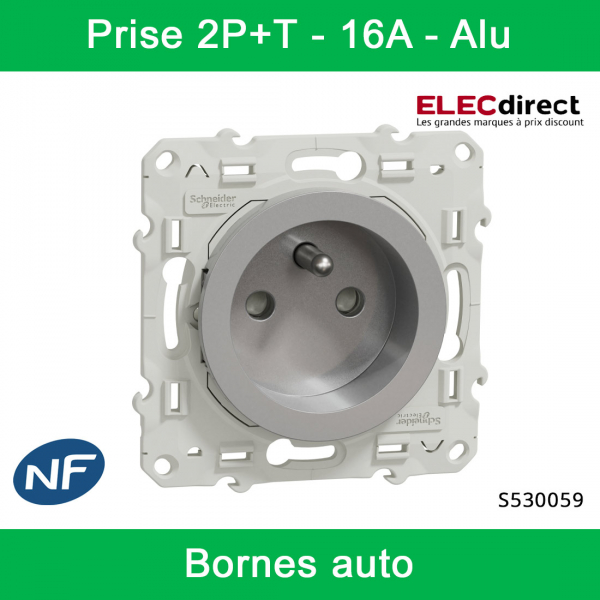 Schneider - Prise de courant Odace - Alu - 2P+T - 16A - 250V - Bornes auto - Réf : S530059