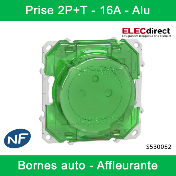 Schneider - Prise de courant Odace affleurante - Alu - 2P+T - 16A - 250V - Bornes auto - Réf : S530052