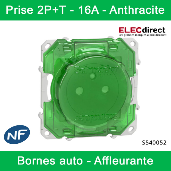 Schneider - Prise de courant Odace affleurante - Anthracite - 2P+T - 16A - 250V - Bornes auto - Réf : S540052