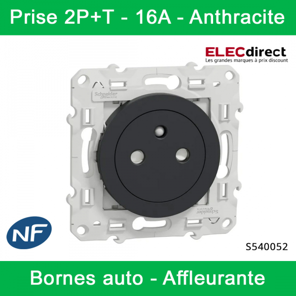 Schneider - Prise de courant Odace affleurante - Anthracite - 2P+T - 16A - 250V - Bornes auto - Réf : S540052