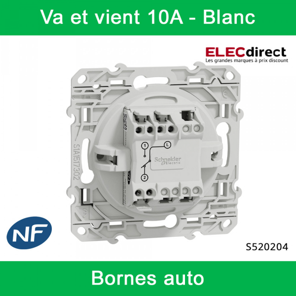 Schneider - Interrupteur va et vient Odace - Blanc - 10A - 250V - Bornes  auto - Réf : S520204 - ELECdirect Vente Matériel Électrique