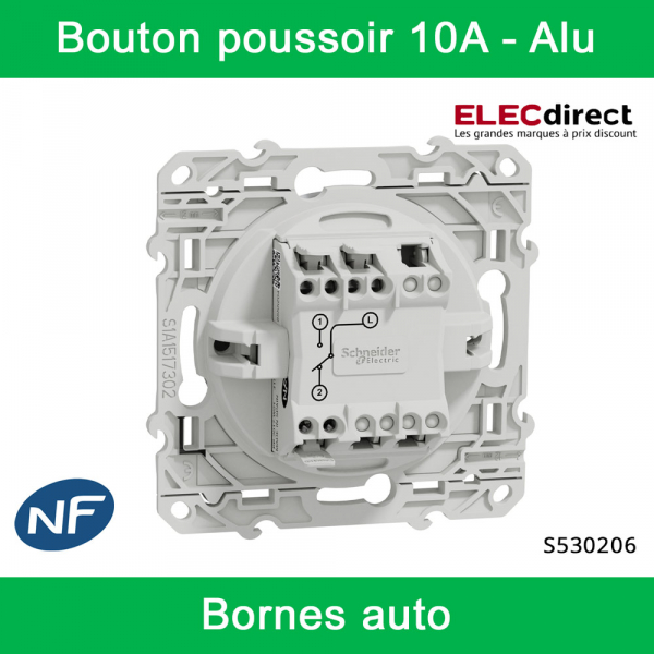 Schneider - Bouton poussoir Odace - Alu - 10A - 250V - Bornes auto - Réf : S530206