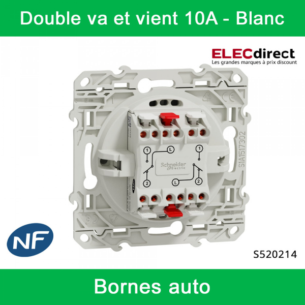 Schneider - Interrupteur double va et vient Odace - Blanc - 10A - 250V - Bornes auto - Réf : S520214