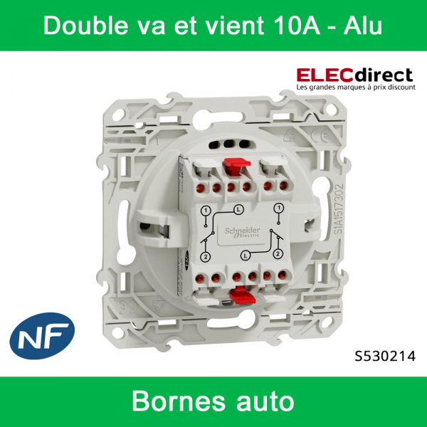 Schneider - Interrupteur double va et vient Odace - Alu - 10A - 250V - Bornes auto - Réf : S530214