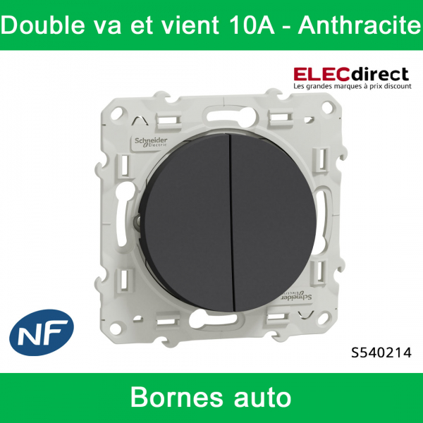 Schneider - Interrupteur double va et vient Odace - Anthracite - 10A - 250V - Bornes auto - Réf : S540214