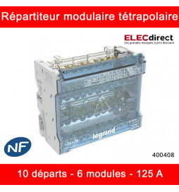 Legrand - Répartiteur à barreaux étagés tétrapolaire - 125A - 4P - 10 départs - 6 modules - Réf : 400408