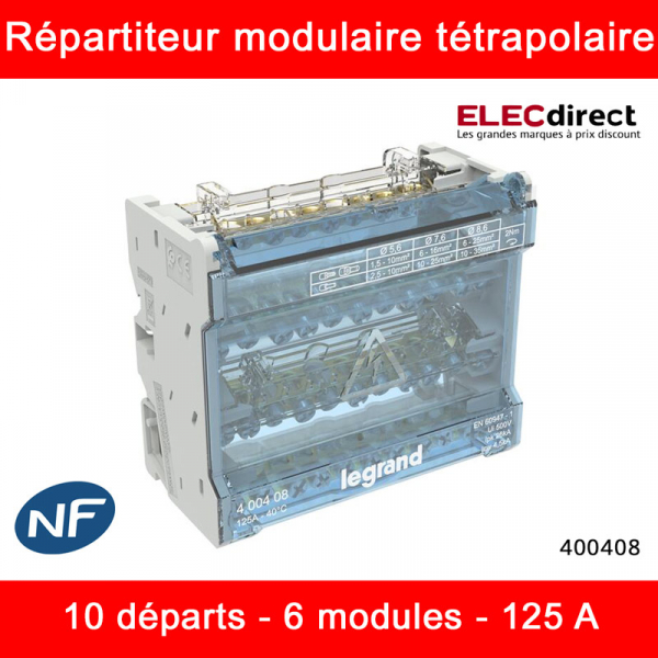 Legrand - Répartiteur à barreaux étagés tétrapolaire - 125A - 4P - 10 départs - 6 modules - Réf : 400408