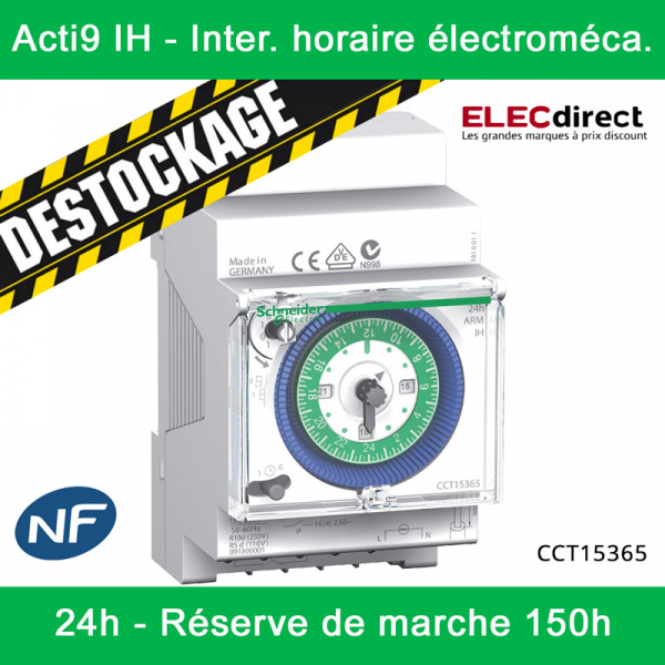 Schneider - Acti9 IH - Interrupteur horaire électromécanique - 24H - Réserve de marche 150h -  Réf : CCT15365