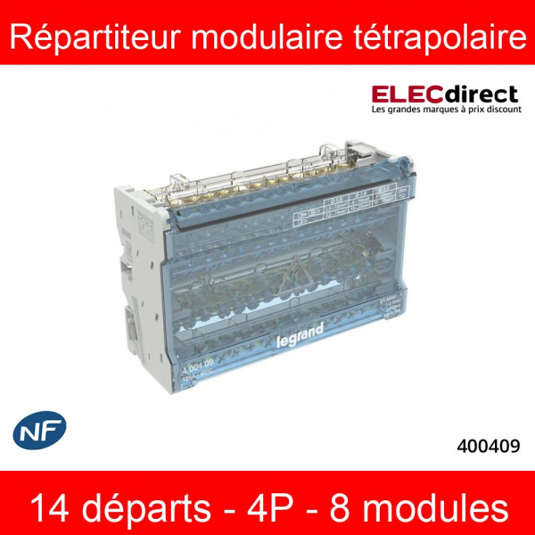 Legrand - Répartiteur modulaire à barreaux étagés tétrapolaire - 125A - 4P - 14 départs - 8 modules - Réf : 400409