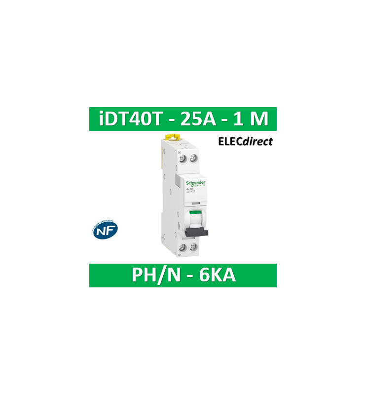 Disjoncteur Schneider Acti9 IDT40T – 1P+N 6A Courbe C – 4500A/6kA – Neuf Sous Blister