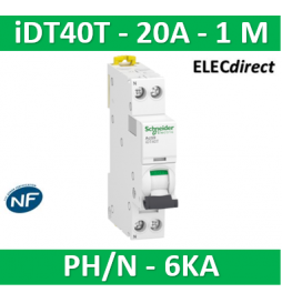 SCHNEIDER - Acti9 iDT40T - disjoncteur modulaire - 1P+N - 20A - courbe C - 4500A/6kA - A9P22620