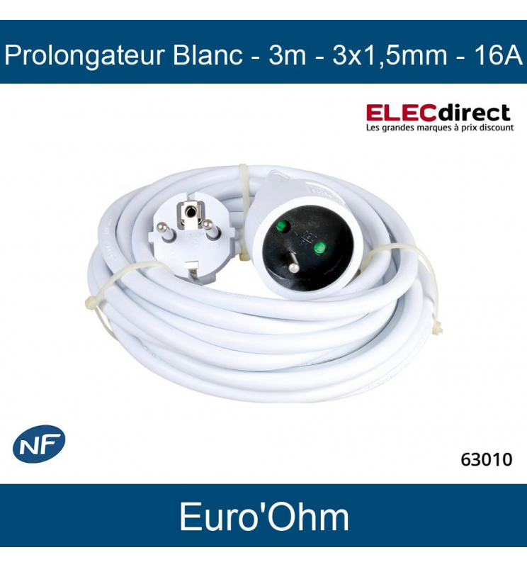 Rallonge électrique - câble 5m - 10/16A 2P+T - Blanc - EUR'OHM - 63012