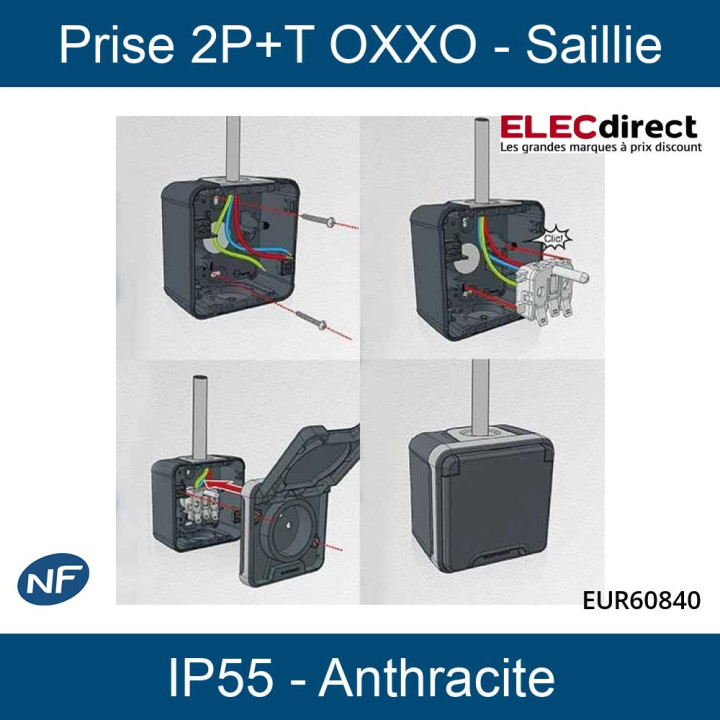 Eur'Ohm - OXXO - Prise de courant 2P+T - Saillie - IP55 - IK08 - Connexion automatique - Anthracite - Réf : 60840