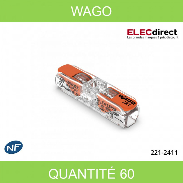 Wago - Boîte de 60 Bornes auto fils souples/rigides x 1 (0,2 à 4 mm2) - Réf  : 221-2411 - ELECdirect Vente Matériel Électrique