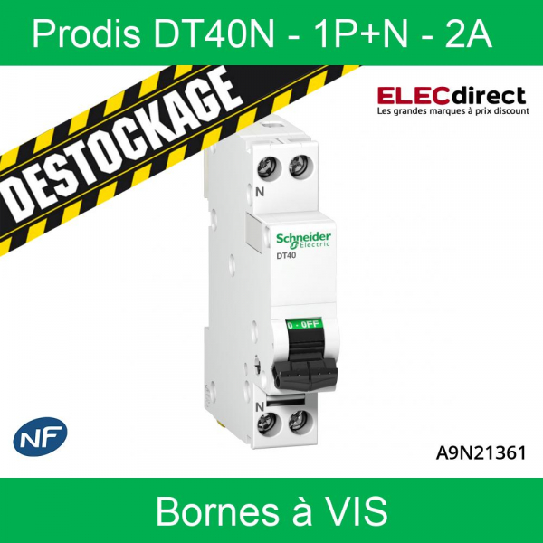 Schneider - Prodis DT40N - Disjoncteur - 1P+N - 2A - Courbe C - Réf :  A9N21361 - ELECdirect Vente Matériel Électrique