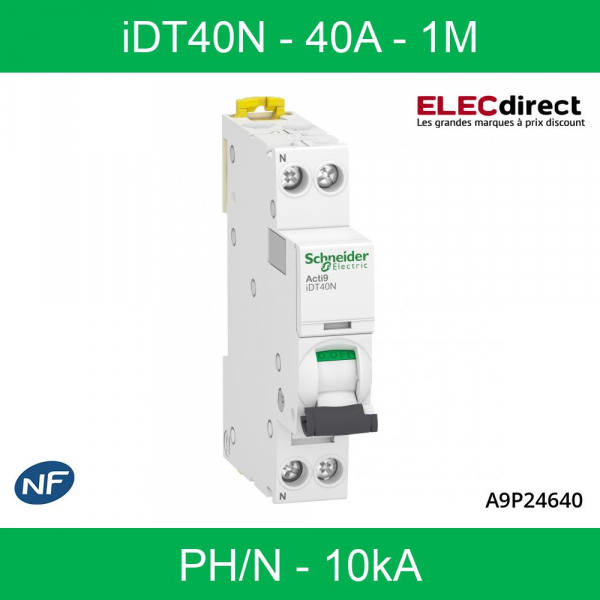 Schneider - Acti9 iDT40N - Disjoncteur modulaire - 40A - 1P+N - Courbe C -  Réf : A9P24640 - ELECdirect Vente Matériel Électrique