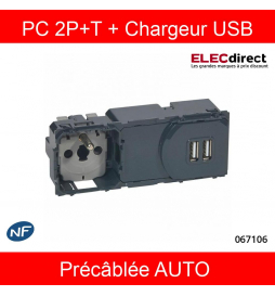 Legrand - Céliane - Mécanisme Prise de courant 2P+T + Chargeur USB précâblée AUTO - Réf : 067106