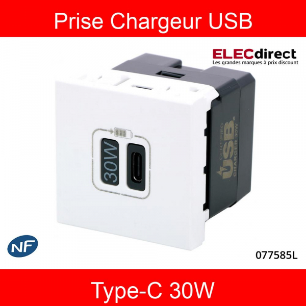 Legrand - Mosaic - Chargeur Simple USB Type-C - 3A - 30W Power