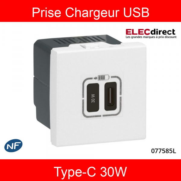 Legrand - Mosaic - Chargeur Simple USB Type-C - 3A - 30W Power Delivery - 2  Modules - Réf : 077585L - ELECdirect Vente Matériel Électrique