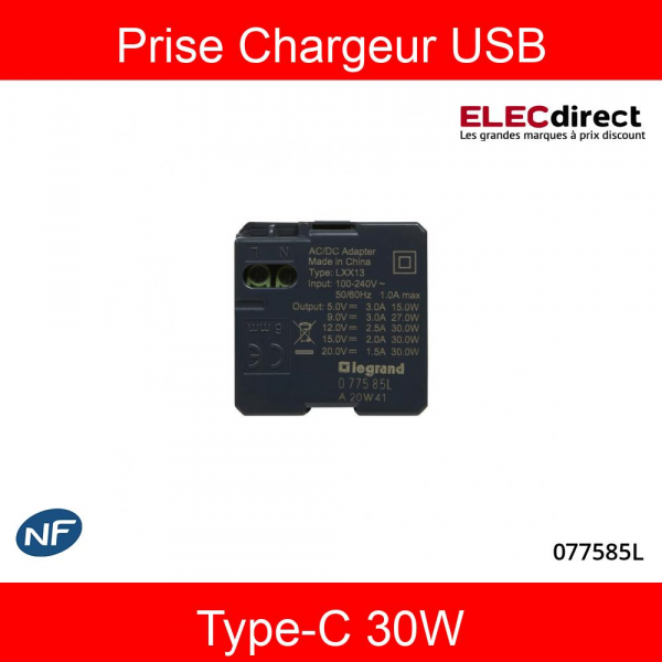 Prise USB encastrable 12/5V avec double USB 2x2,5A avec plaque de