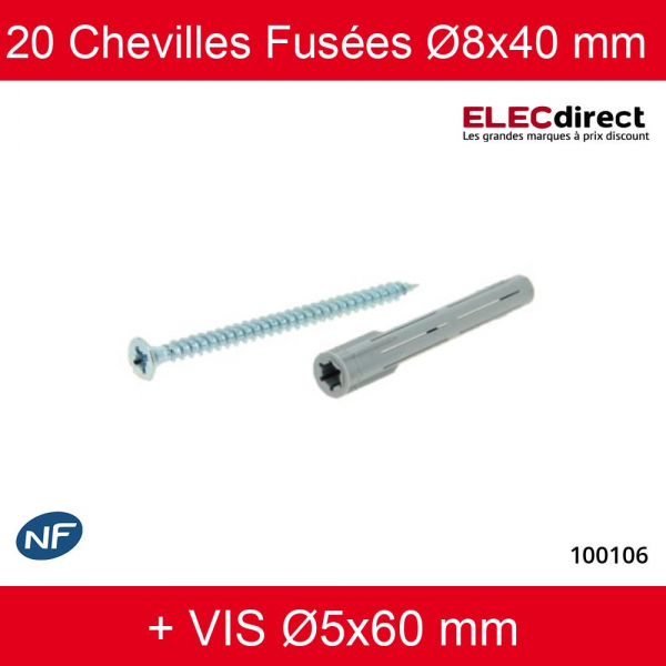 RAM - Boîte de 20 chevilles fusées Ø8x40 mm + Vis Ø5x60 mm - Réf : 100106