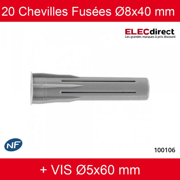 RAM - Boîte de 20 chevilles fusées Ø8x40 mm + Vis Ø5x60 mm - Réf : 100106