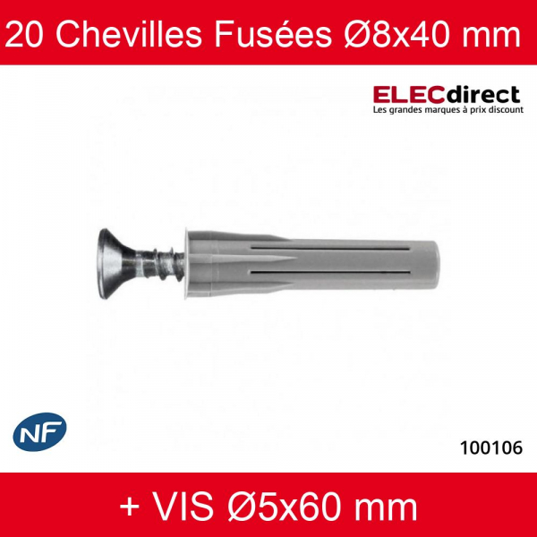 RAM - Boîte de 20 chevilles fusées Ø8x40 mm + Vis Ø5x60 mm - Réf : 100106