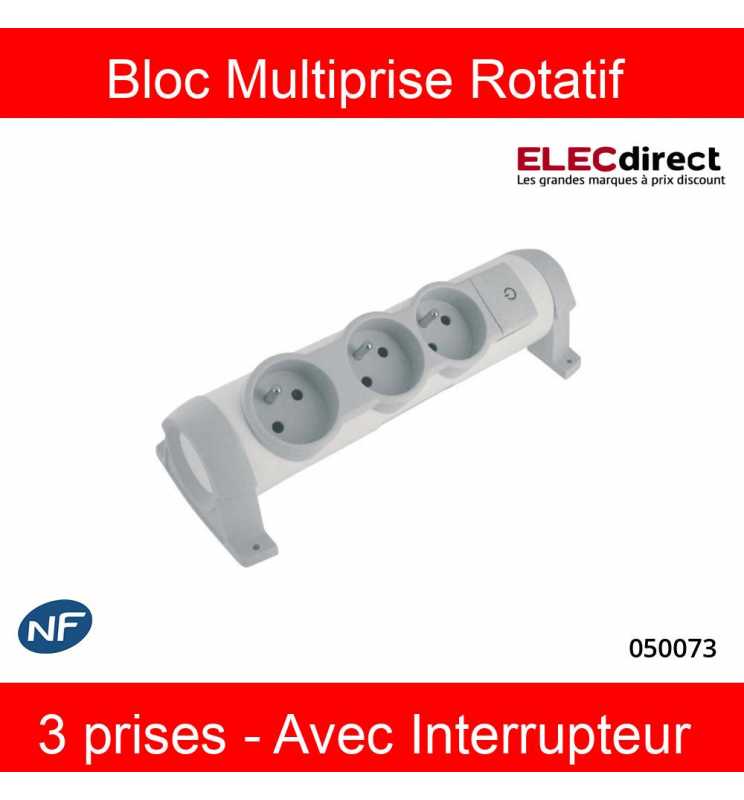 Legrand - Bloc Multiprise Rotatif - Avec Interrupteur - 3 prises - Sans  câble - Blanc/Gris - Réf : 050073 - ELECdirect Vente Matériel Électrique